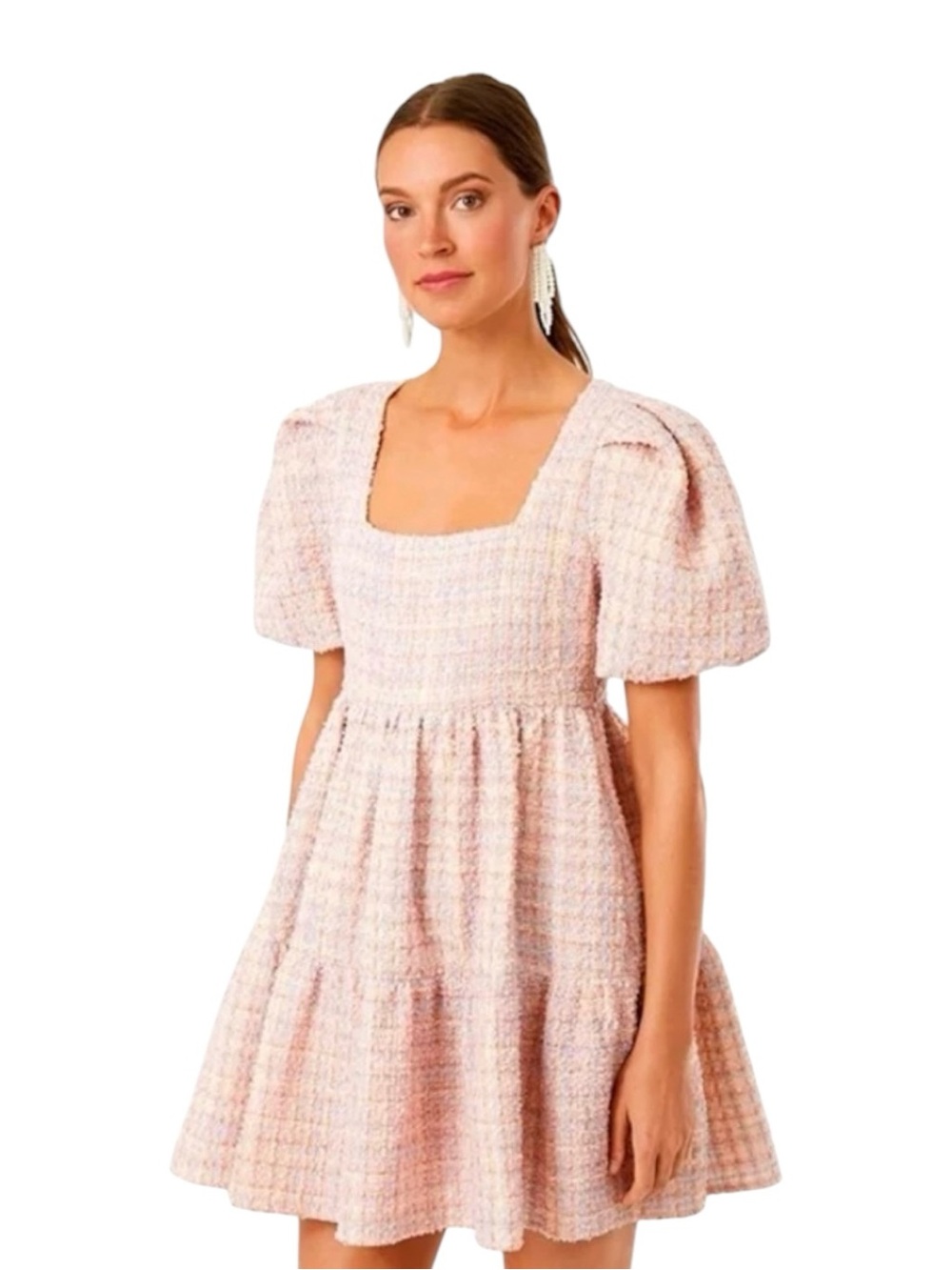 Hyacinth House Tuckernuck Nora Babydoll Pink Tweed Dress Puff Sleeves Pockets XS